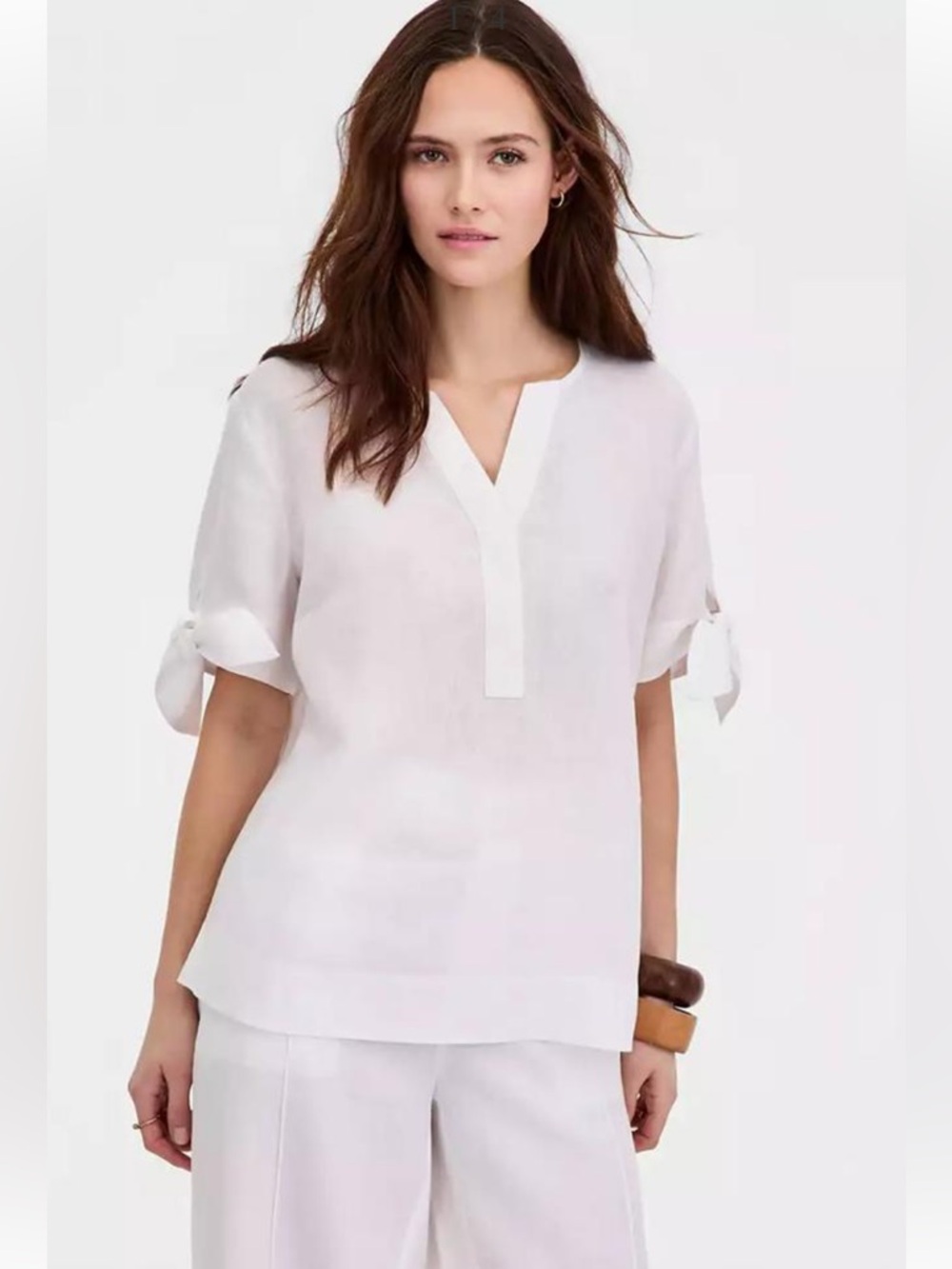 New 100% Linen Charter Club White V-Neck Tie Sleeve Bow Blouse Size S - Picture 2 of 8